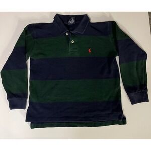 VTG Polo Ralph Lauren Boys Long Sleeve Rugby Polo Green Navy Stripes Age 6